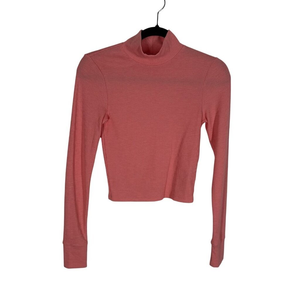 American Eagle Women S Coral Waffle Knit Long Sleeve Mock Neck Cropped T-Shirt